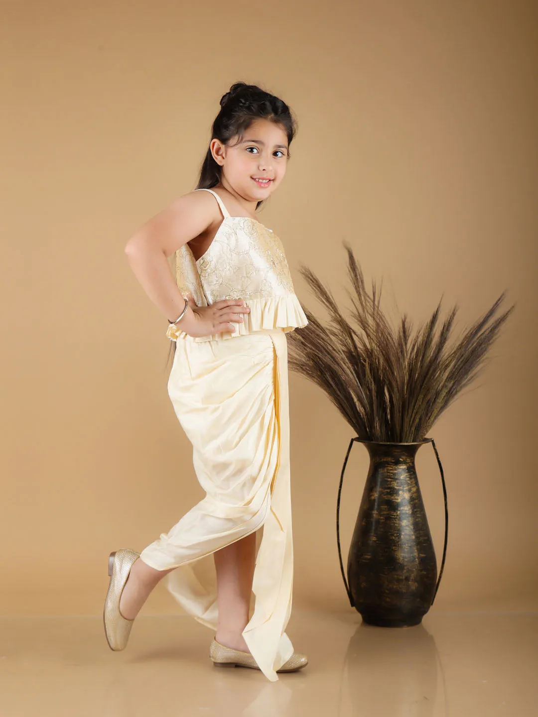 Jashvi Girl's Gold Draped Skirt With Crop Top