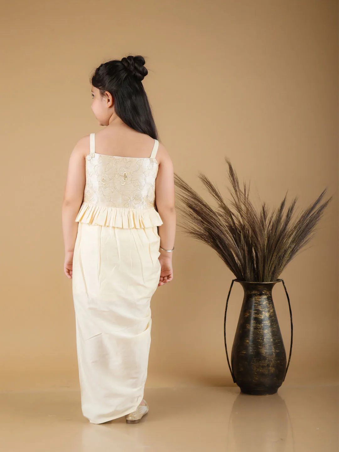 Jashvi Girl's Gold Draped Skirt With Crop Top