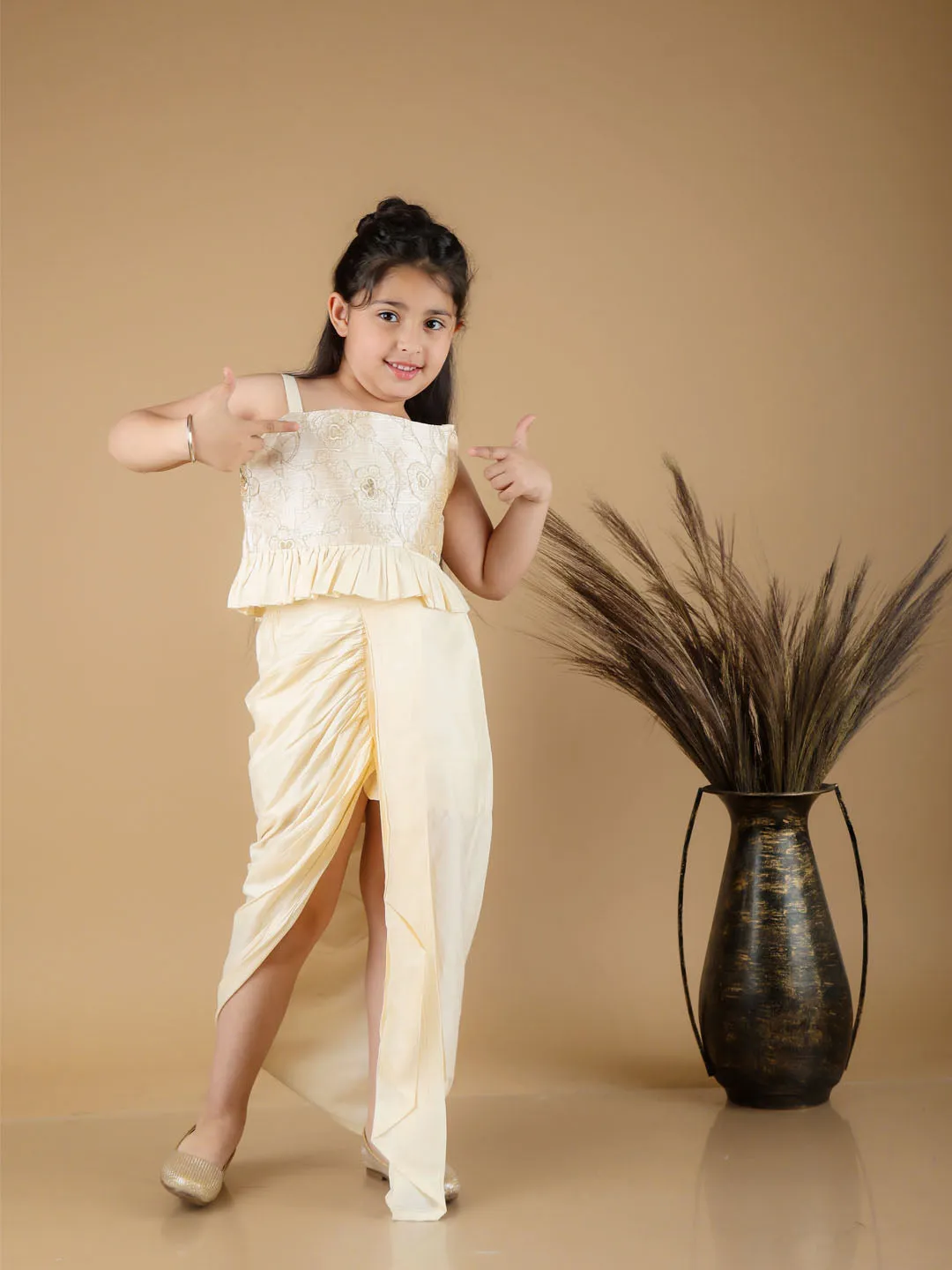 Jashvi Girl's Gold Draped Skirt With Crop Top